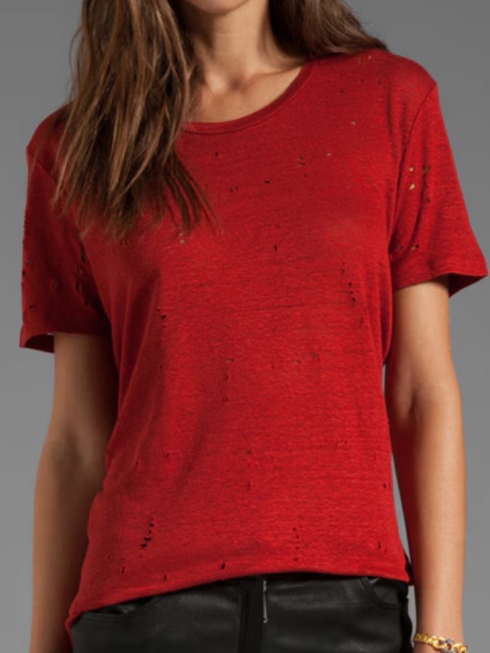 IRO Distressed Clay Short Sleeve Crewneck Tee in Rouge Sz S 100% Linen
